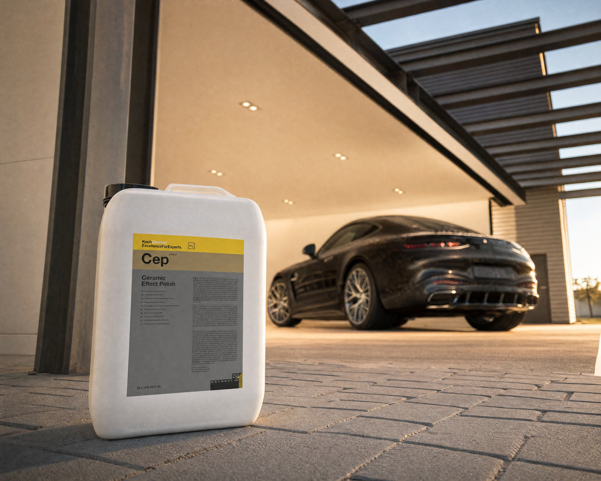 Koch-Chemie Ceramic Effect Polish Cep 20-Liter-Kanister vor dunklem Sportwagen mit Beading in der Halle