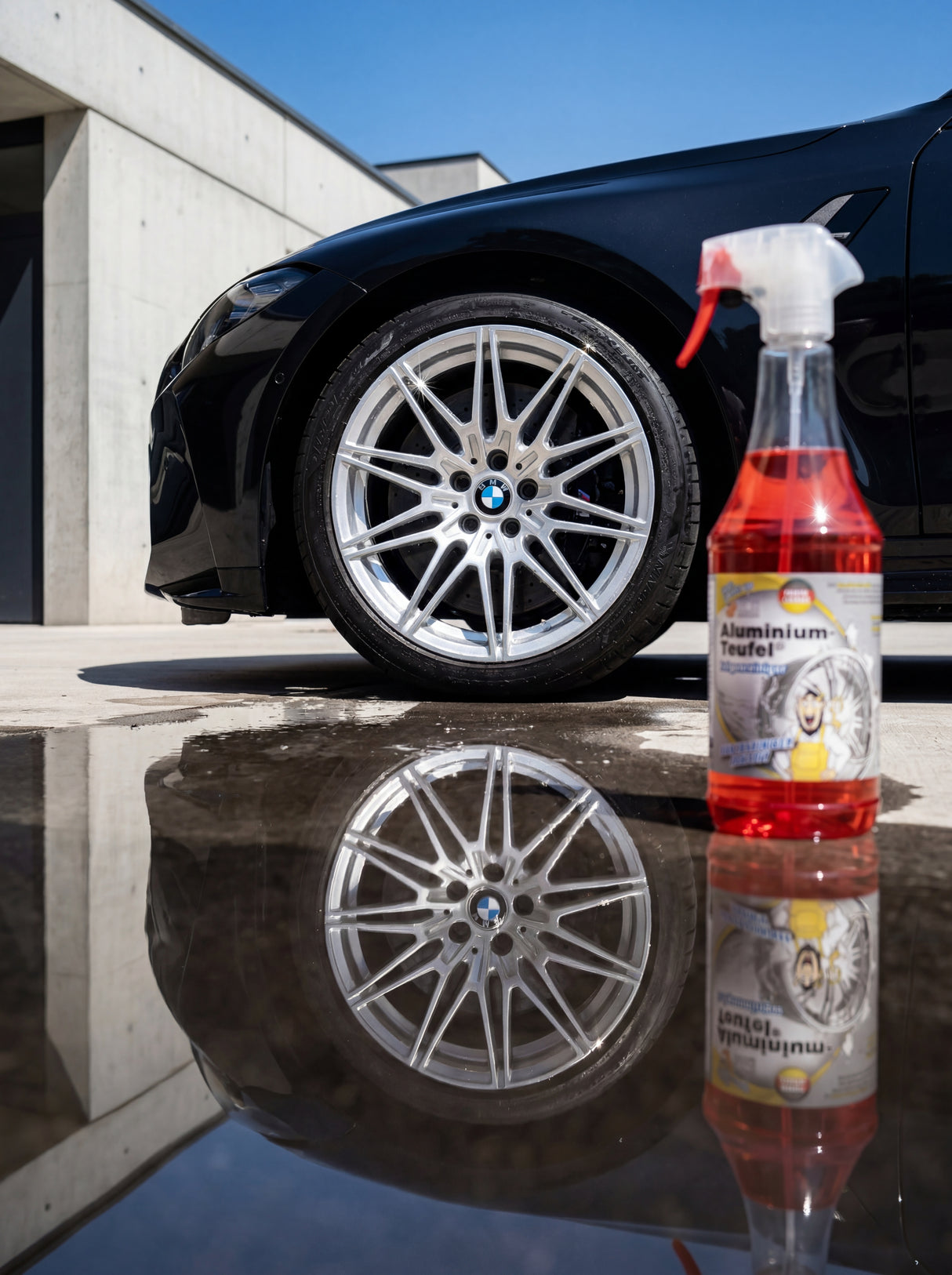 Aluminium-Teufel Rot Ergebnis saubere Felge mit Wasser-Reflexion