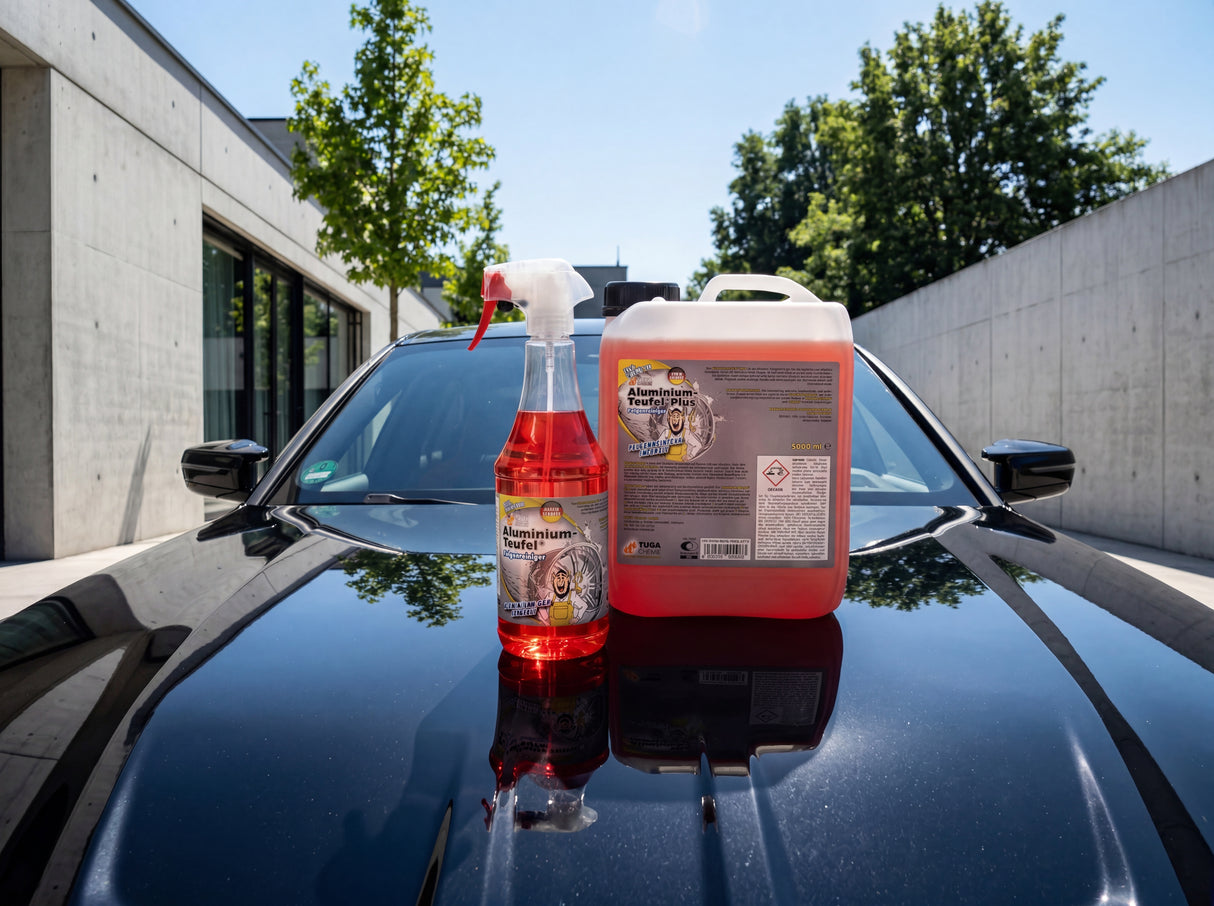 Aluminium-Teufel Rot 1L und 5L Gebinde auf schwarzer BMW Motorhaube