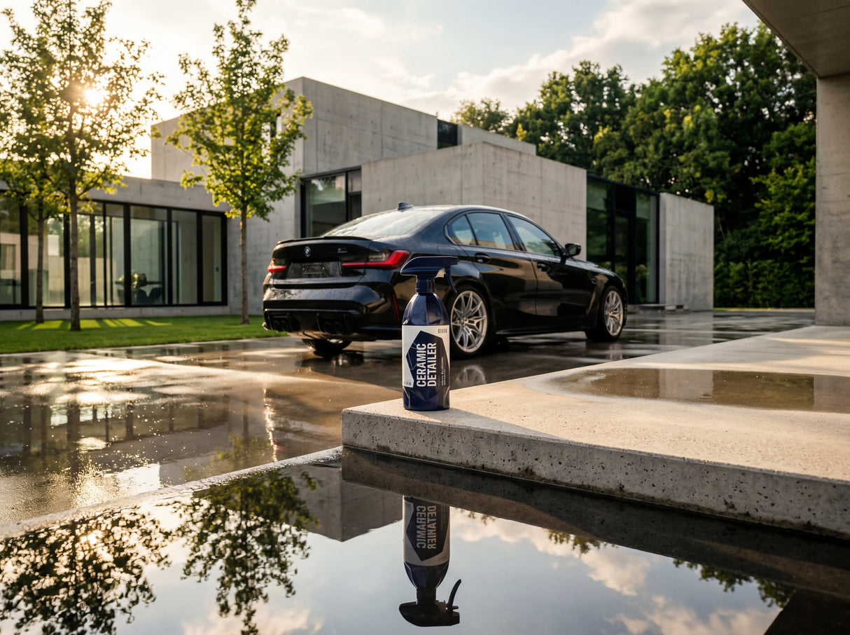 GYEON Q²M CeramicDetailer auf Beton-Forecourt mit BMW M3 bei Golden Hour