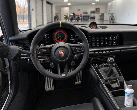 Detailing1 Cleaning an Alcantara steering wheel — greasy shine at nine o'clock on a Porsche 911 GT3 RS, COLOURLOCK Pol Star