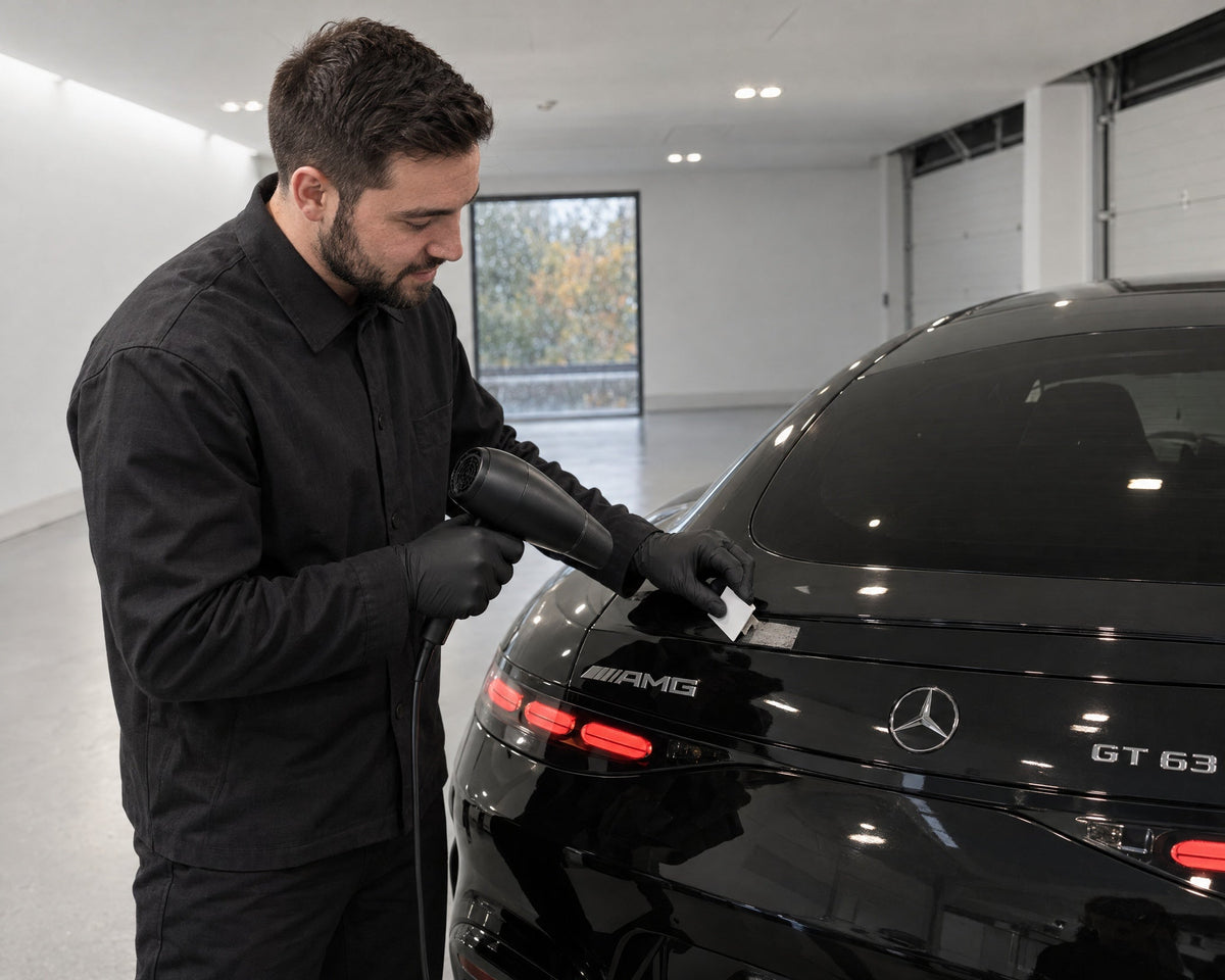 Detailing1 retirer un autocollant sur une Mercedes-AMG GT 63 noire — sèche-cheveux chauffe la colle, carte soulève le coin