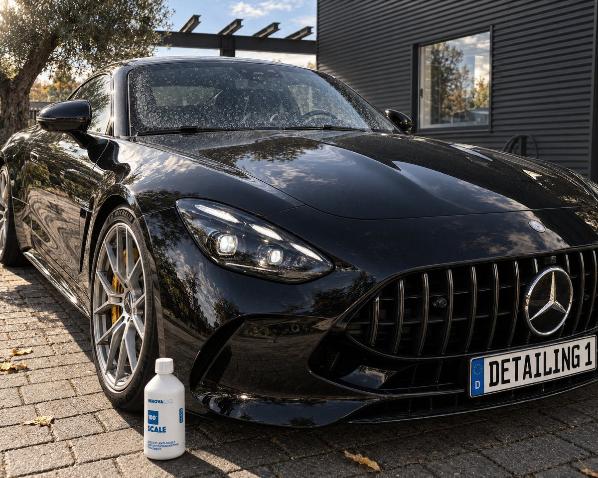 INNOVACAR "100%" Scale davanti a una Mercedes-AMG GT nera con macchie bianche di calcare sul parabrezza — mostrato nell'articolo «Togliere le macchie di calcare dai vetri dell'auto senza graffiarli»
