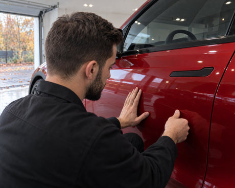 Detailing1 polishing out scratches — Daniel runs the fingernail test over a fine scratch on the red door of the Tesla Model Y
