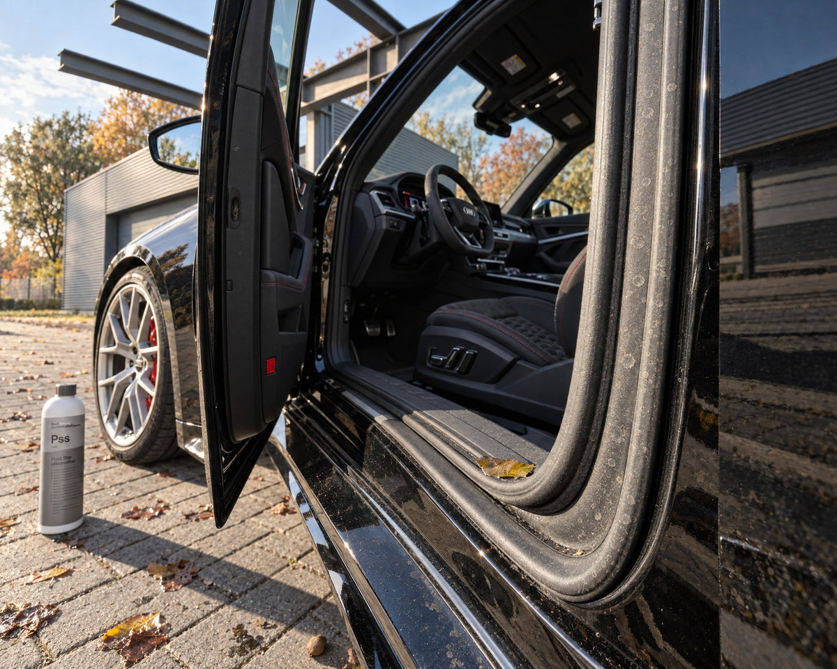Koch-Chemie Plast Star next to the open door of an Audi RS 5 with a dusty, dull door seal before the first frost