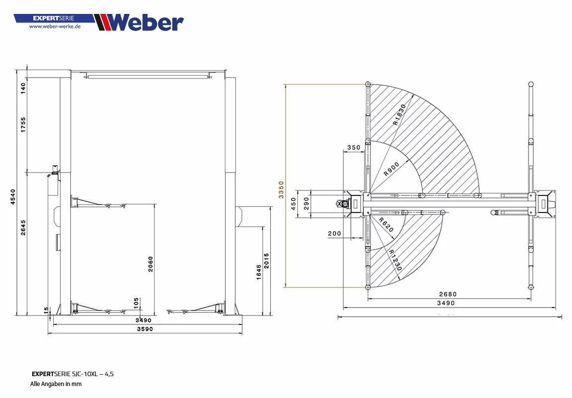 2-Säulen Hebebühne "SJC-10XL – 4.5M" Weber-Expert-Serie bis 4500kg