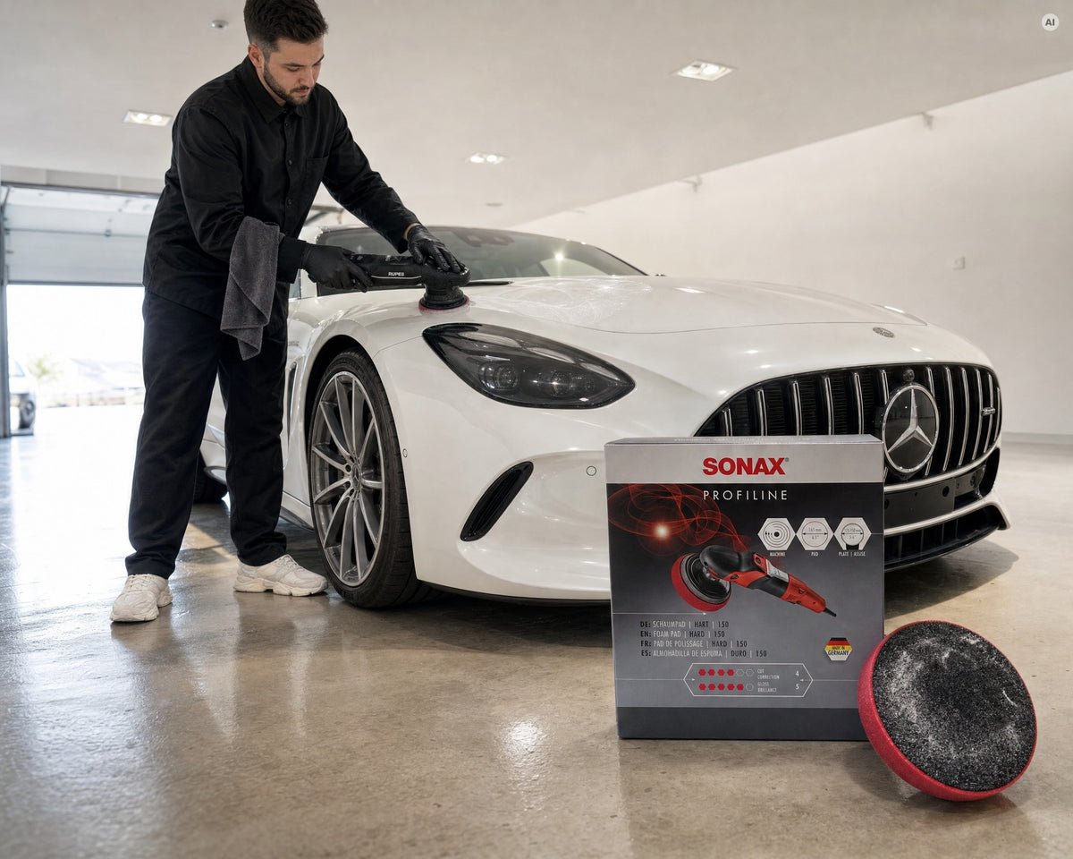 Detailing1 SONAX PROFILINE foam pad hard on a Rupes orbital polisher on the bonnet of a white Mercedes-AMG GT 63 (desktop)