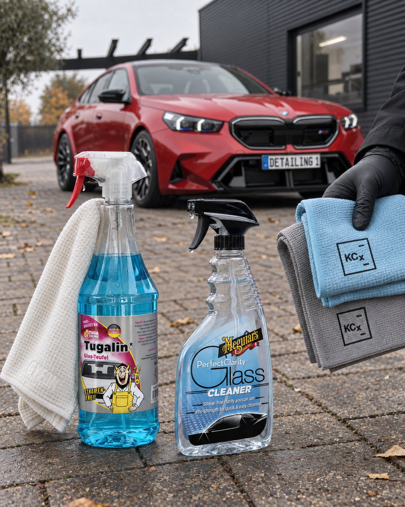 Tugalin Glas-Teufel, Meguiar's Perfect Clarity, GYEON GlassWipe EVO und Koch-Chemie Pro Glass Towel vor einem BMW M5 — gezeig