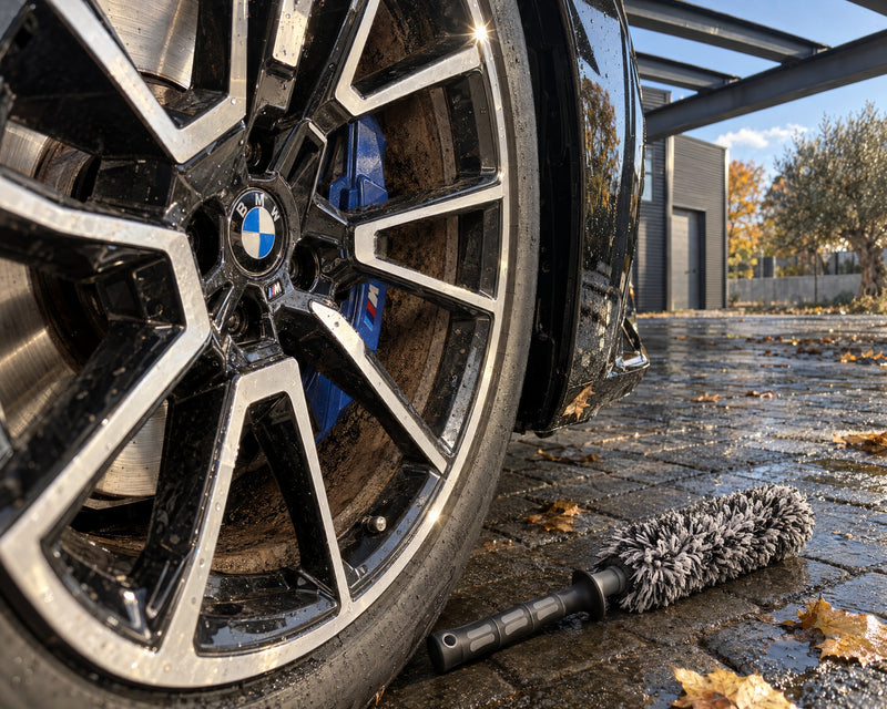 THE COLLECTION Flex Brush Mikrofaser-Felgenbürste auf nassem Pflaster vor der Bremsstaub-Felge eines schwarzen BMW M5