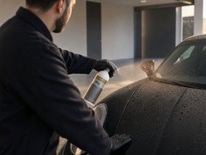 Aufsprühen von Koch-Chemie WetGloss Wg 500 ml auf nasse Motorhaube