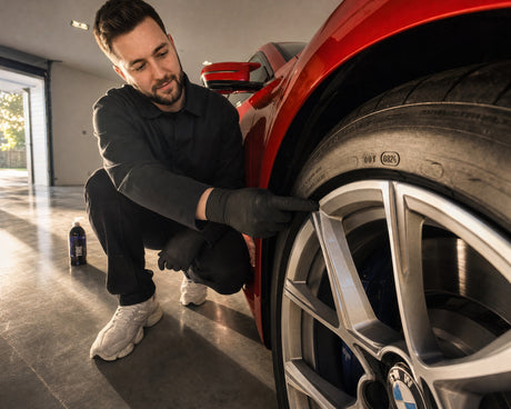 Detailing1 GYEON Q² Tire Ceramic Tire Protecant am Vorderrad des BMW M2, Daniel prüft die DOT-Nummer auf der Reifenflanke