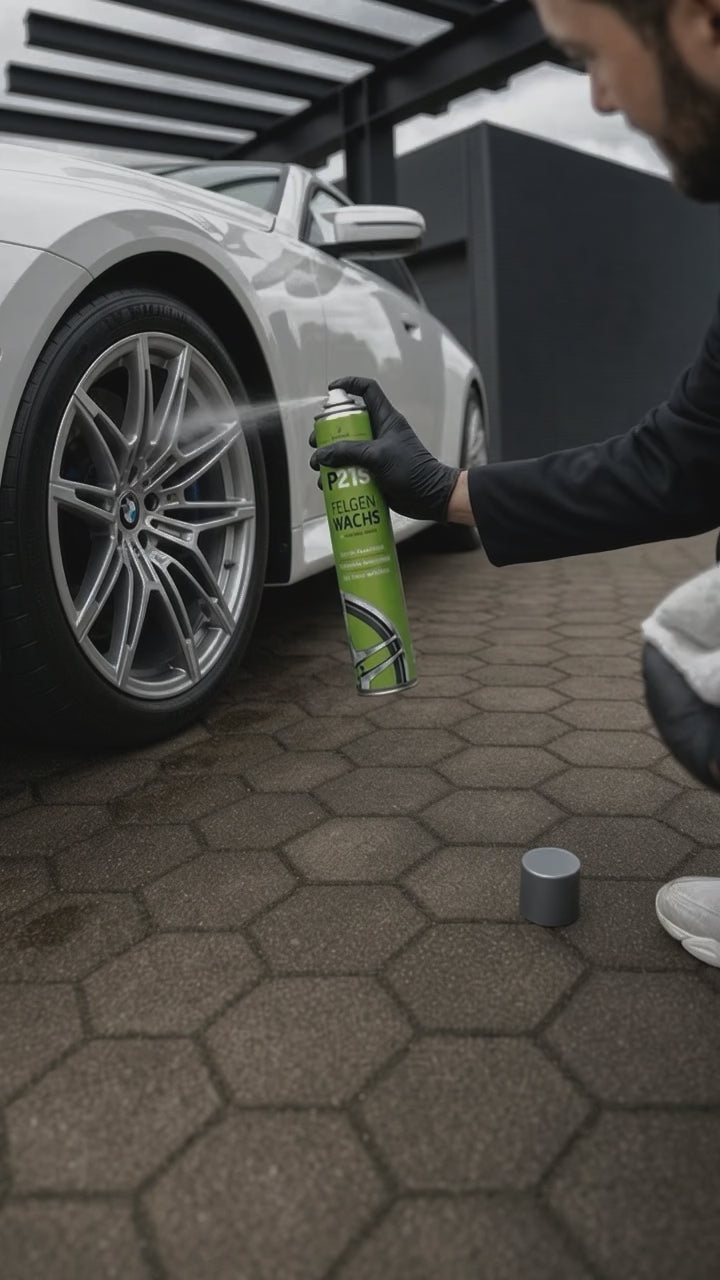Detailing1 Hero-Stillleben: Felgenwachs wird auf die Alufelge eines weissen BMW gesprueht