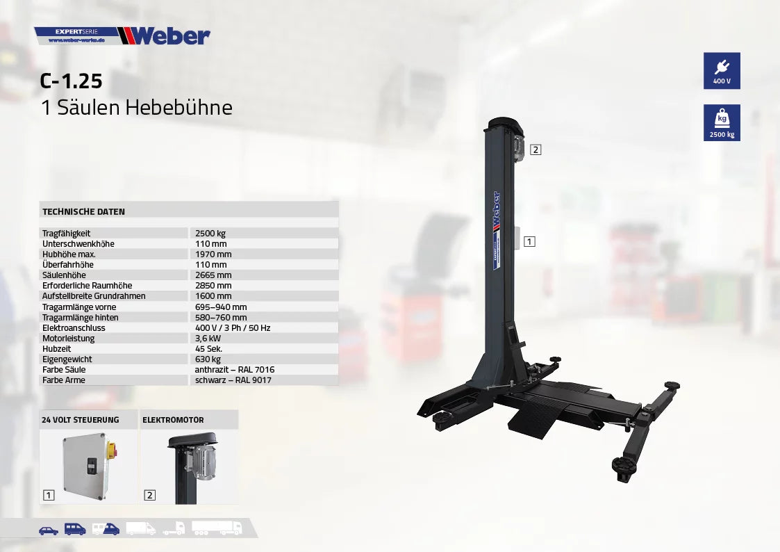 "C-1.25" 1-Säulen Spindel-Hebebühne Weber-Expert-Serie bis 2500kg